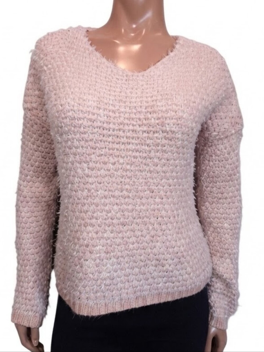 Silvian Heach Denim Fuzzy Peach Knit Vneck Sweater Womens Size XS Pink